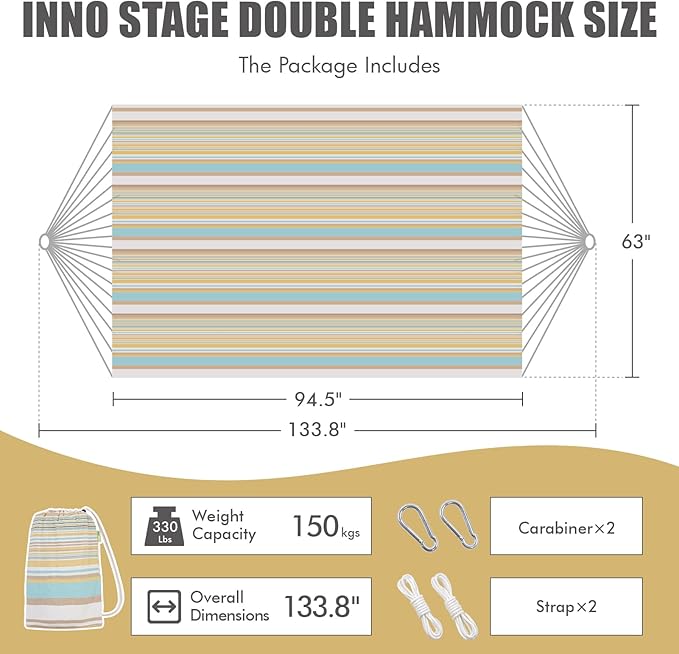 INNO STAGE 2 Persons Hammock - Brazilian Double, Portable Camping Bed for Patio, Backyard, Porch, Outdoor & Indoor Use - Soft Cotton with Carrying Bag