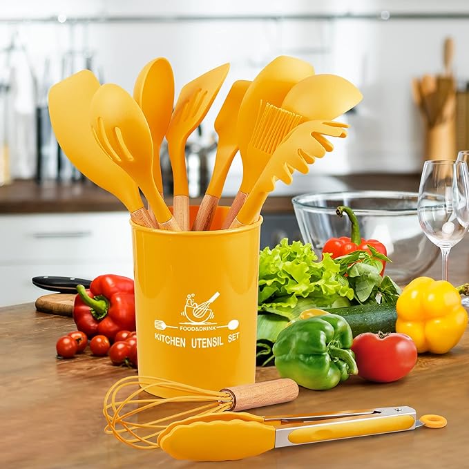 Silicone Cooking Utensils, 12 Pcs Kitchen Utensil Set 446°F Heat Resistant,Turner Tongs Spatula Spoon Brush Whisk with Wooden Handles, Blue Kitchen Gadgets Tools Set for Nonstick Cookware (BPA Free)