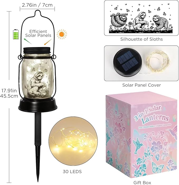 kyoryuger Sloth Gifts for Women/Men Sloth Lovers Solar Lantern Mom Birthday, Mothers Day, Solar Garden Decoration Outside for Yard, Patio,Backyard,Porch, Torches