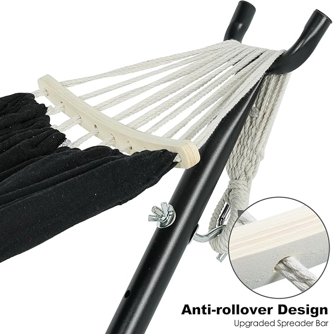 Double Hammock with Stand for Outside, Upgraded Spreader Bar, Heavy Duty Space Saving Steel Stand 2 Person, Side Pockets, Easy Assembly, 600lbs Weight Capacity, Indoor & Outdoor (Darkness)