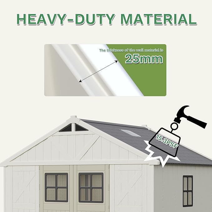 Greesum 10×8 FT Plastic Outdoor Storage Shed with Floor and Lockable Door, Resin Sheds with Windows and Skylights, Weather Resistant Organization for Garden, Lawn, Pool Supplies, Beige