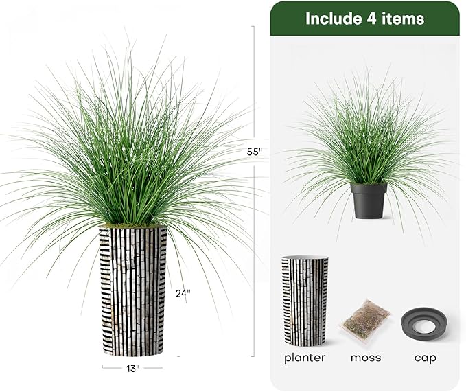 Artificial Tree in Black and Brown Striped Planter, Fake Onion Grass Silk Tree for Indoor and Outdoor Home Decoration - 55" Overall Tall (Plant Pot Plus Tree)