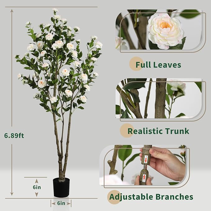 Faux Camellia Flower Tree 7ft(84in) Artificial Floor Plant for Indoor Decor Realistic Greenery Potted Tree with White Blooming Flowers and Natural Wood Trunk for Home Living Room,Office,Porch Decor