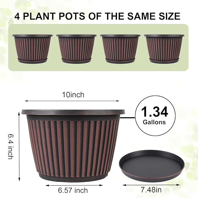 Planter-Pots-for-Plants-Indoor-Outdoor, 3 Pack 10 Inch Plastic Flower Pots with Saucer & Drainage Holes, Modern Garden Planters for Planting Medium Large Plants，Decorative Resin Garden Pots