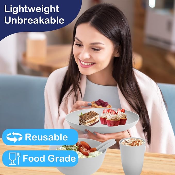 Dinnerware Sets 20 pcs, Wheat Straw Plates and Bowls Sets with Cups Service for 4, Unbreakable Reusable Plastic Plates Set for Kitchen, Office, Travel, Camping - Gray