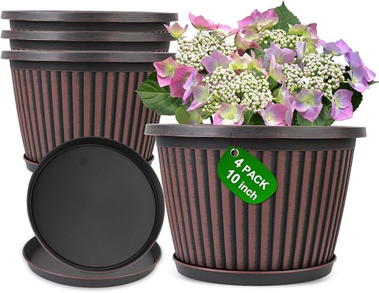 Planter-Pots-for-Plants-Indoor-Outdoor, 3 Pack 10 Inch Plastic Flower Pots with Saucer & Drainage Holes, Modern Garden Planters for Planting Medium Large Plants，Decorative Resin Garden Pots