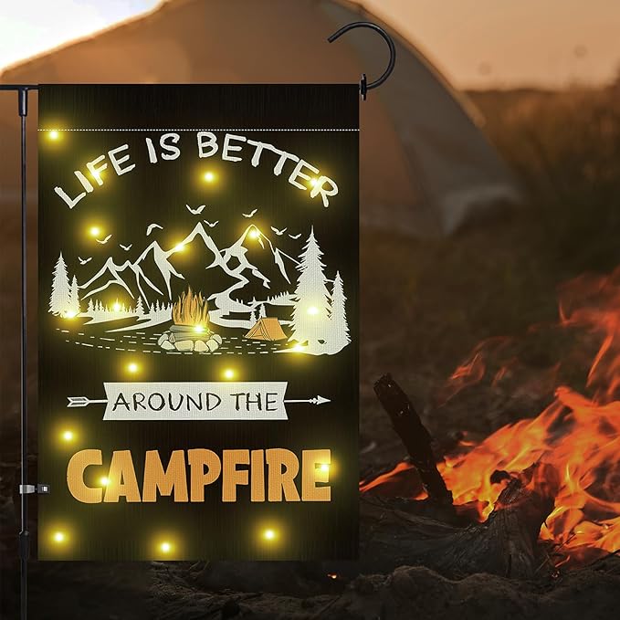 Camping Garden Flag with Led Lights, 12 x 18 Inch Double Sided Vertical Burlap Camping Fire Pit Lighted Garden Flags for RV Campsite Campfire Camper Yard Outdoor Decoration