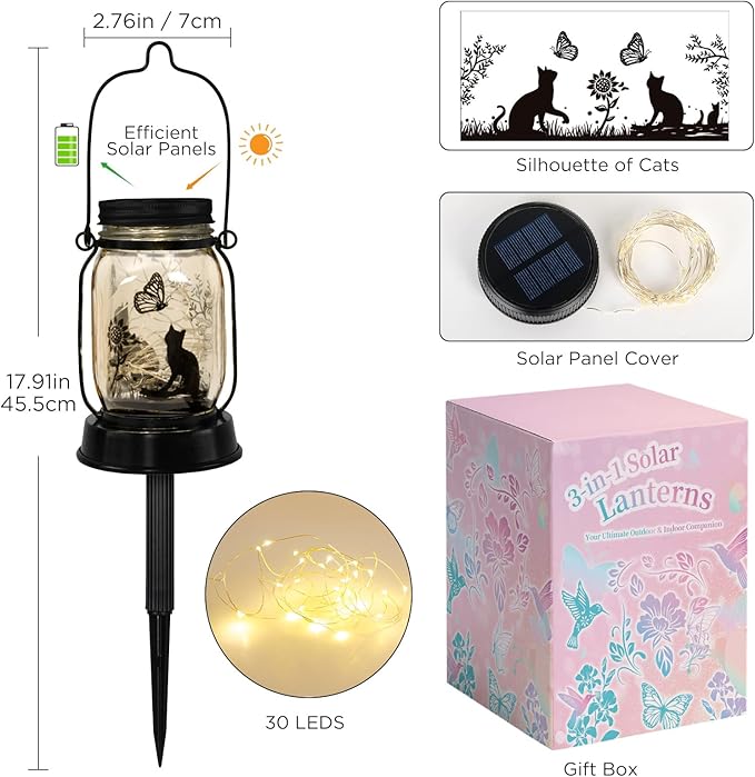 kyoryuger Cat Solar Lanterns Cat Gifts for Women Men Cat Lovers Gifts Hanging Cat Lanterns with Stake for Yard Lawn Garden Decor Black Cat Lantern Torches