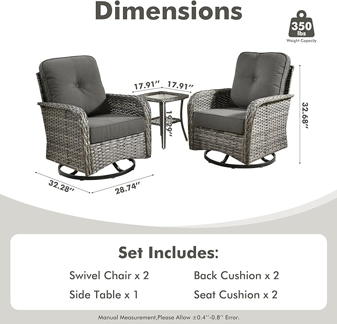 3-Piece Swivel Rocking Rattan Chair Outdoor, Patio Bistro Furniture Conversation Set, Wicker Chair with Coffee Table Black