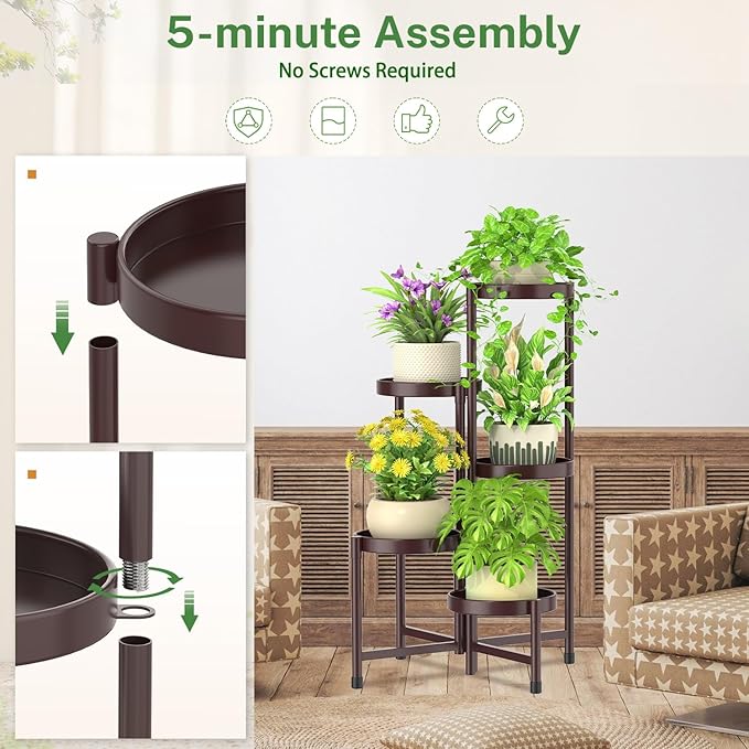 iDavosic.ly Plant Stand Indoor Outdoor, 5 Tier Corner Metal Flower Display Holder Shelf, Folding Tall Orchid Rack for Patio Balcony Porch Garden Living Room House, Violet Bronze