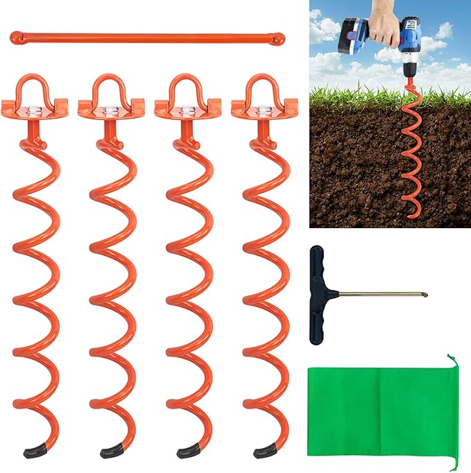 MIXXIDEA Gound Anchors Screw in, Metal Spiral Earth Anchors Kit, Heavy Duty Folding Ring Spiral Stake with Straps, Ground Stakes for Tent (Orange, 17.5 Inch)