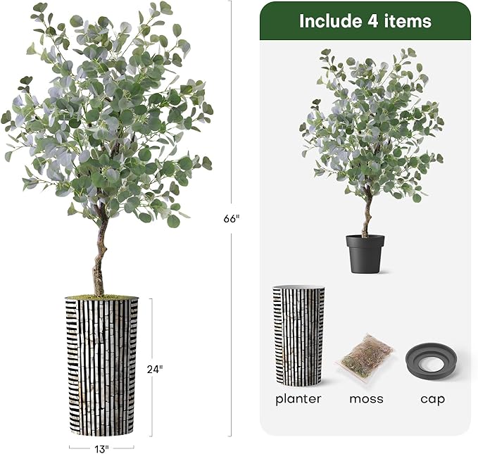 Artificial Tree in Black and Brown Striped Planter, Fake Eucalyptus Silk Tree for Indoor and Outdoor Home Decoration - 66" Overall Tall (Plant Pot Plus Tree)