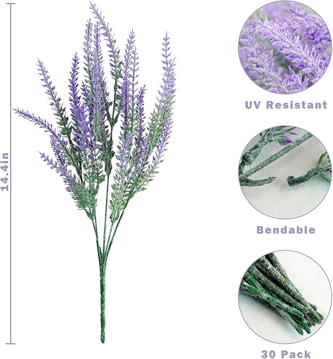 30 Bundles Artificial Lavender Outdoor, 14.5" UV Resistant Faux Plants Outdoor Greenery Stems No Fade Plastic Fake Flowers for Window Garden Office Patio Porch Decor