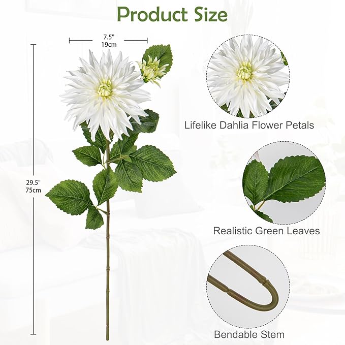 3Pcs White Artificial Dahlia Flowers 29.5" Fake Flower Silk Flowers with Long Stem Floral Arrangements Bouquets Faux Dahlias Flowers for DIY Wedding Party Centerpieces Decor Home Office Decoration