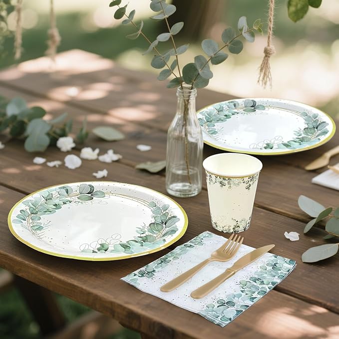 Eucalyptus Party Decorations, Baby Shower Bridal Shower Paper Plates and Napkins, Eucalyptus Tableware Set, for Boho Gender Neutral Wedding Birthday Party, Serves 24 (Green)