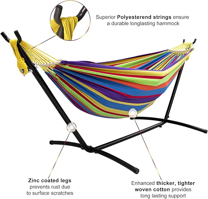 SZHLUX Double Hammock with Stand Included 450lb Capacity Steel Stand, Premium Carry Bag Included and Two Anti Roll Balance Beam