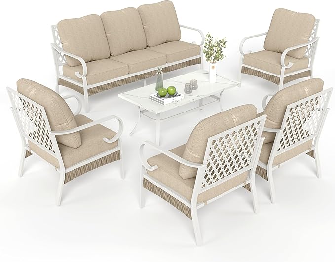 6 Piece Patio Furniture Set, 4 x Fixed Chair, 1 x 3-Seat Sofa with Marbling Coffee Table, All Cushioned 7 Seats Outdoor Conversation Set for Lawn Garden Backyard, Beige