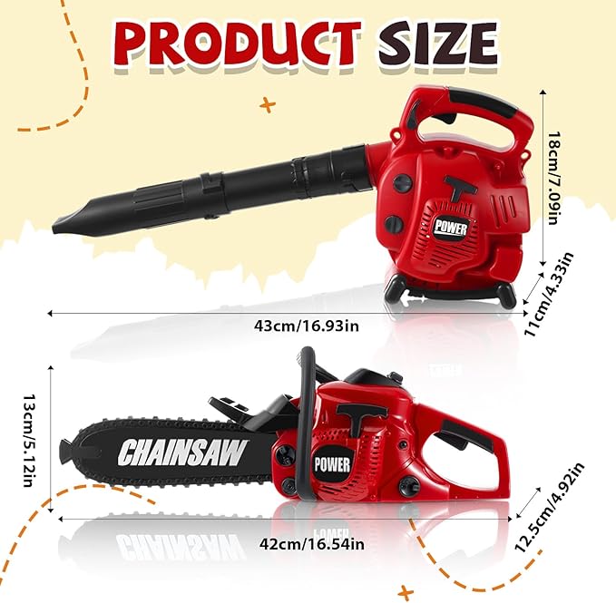 2 Pcs Toy Gardening Tool Set for Kids Leaf Blower, Toy Chainsaw Battery Powered Gardening Tool Set with Lights and Sounds Gift for Boys Girls