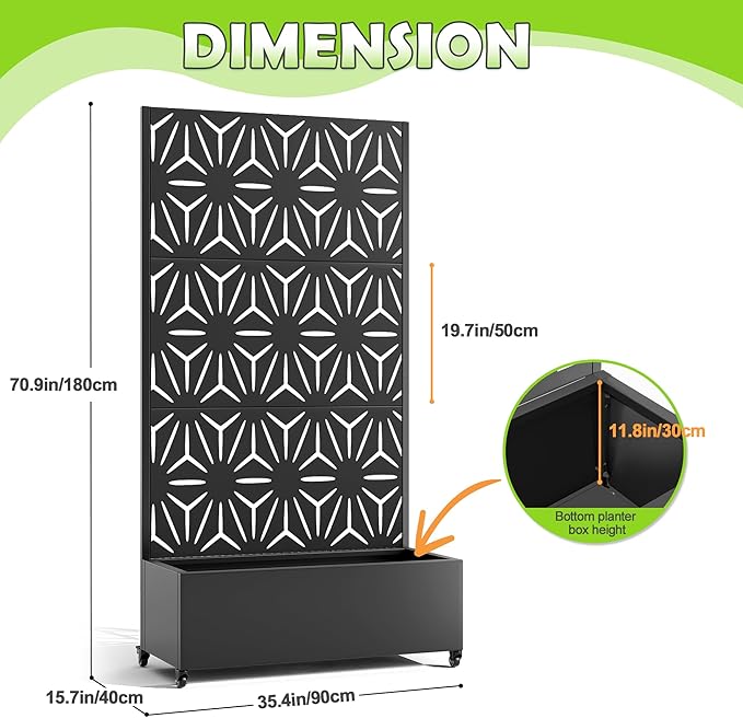 15.7"×70.9"×35.4" Metal Raised Garden Bed with Trellis and Wheels - Tall Trellis Planter Box for Climbing Plants, Vegetables & Vines - Outdoor Privacy Planters for Patio (Black-Star)