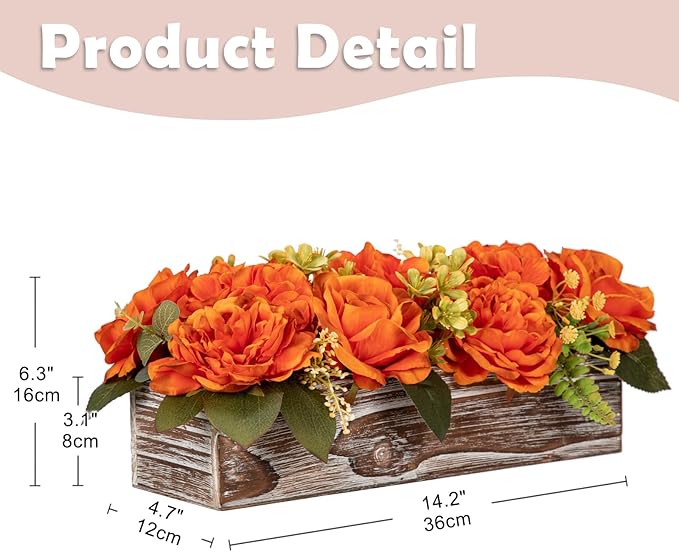 DILATATA Flower Arrangement with Wooden Vase 14" Artificial Flowers in Pot - Fake Flowers Roses Peonies Hydrangeas in Wooden Vase Potted Flower Centerpieces for Table Decor Living Room - Burnt Orange