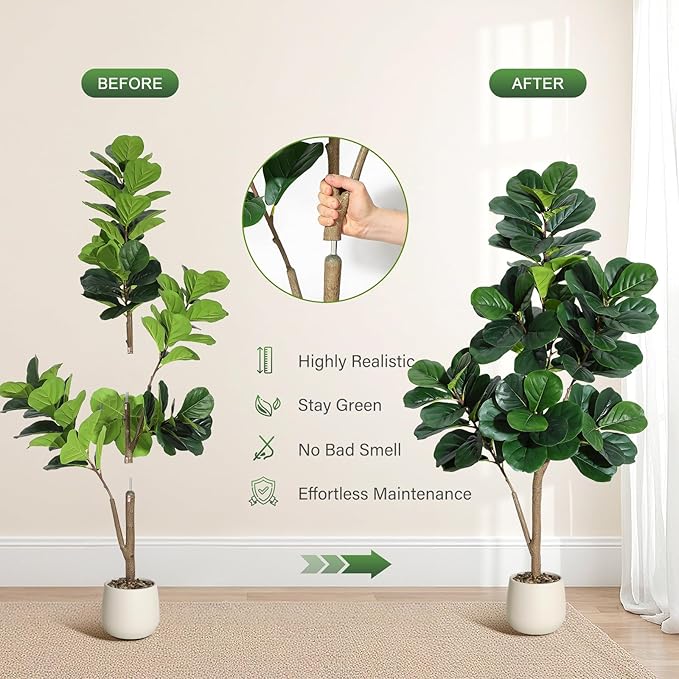 5FT Fiddle Leaf Fig Tree Artificial with 77 Leaves - Realistic Faux Ficus Lyrata Trees in 7.8" White Planter Pot, Indoor Fake Floor Plants for Home Office Living Room Decor, Housewarming Gift