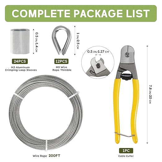1/8 Inch Stainless Steel Cable Kit 200FT, 7 x 7 Strands Wire Rope with Aluminium Sleeves & Thimbles for Deck Railing, String Light Hanging, Shade Sail, Garden and DIY Projects