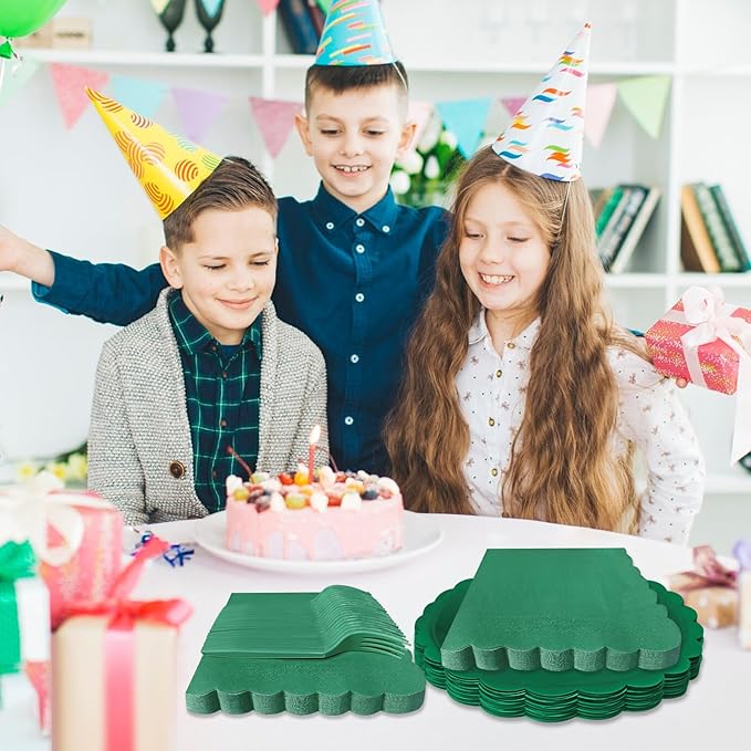 Dark Green Paper Plates and Napkins,7 Inch Dark Green Scalloped Disposable Dessert Plates Paper Napkin Fork Party Supplies for Wedding Baby Shower Birthday(25 Guest)
