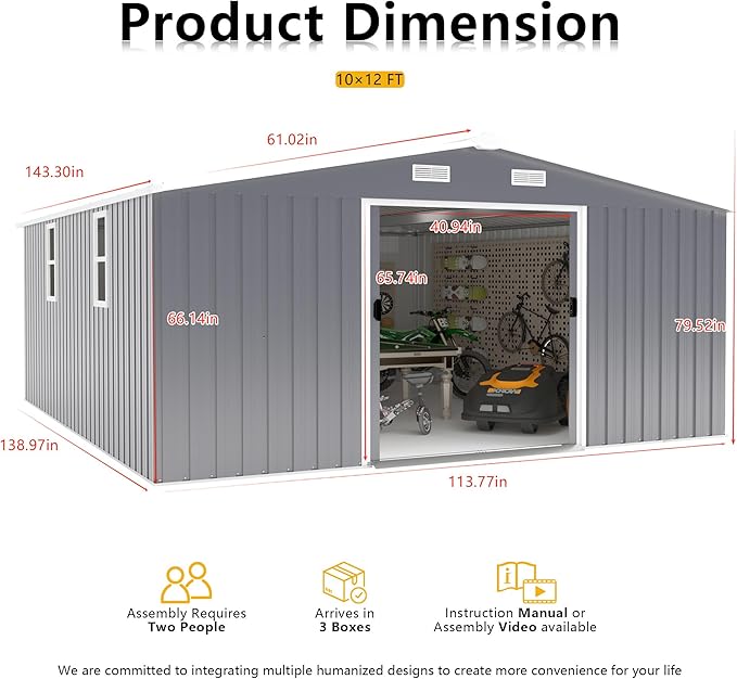 KEIKI 10'x12' Metal Storage Shed, Outdoor Garden Shed with 2 Doors & 2 Windows - Heavy-Duty Steel Construction, Includes Foundation Kit - Ideal for Backyard, Patio, Lawn Storage - Dark Gray