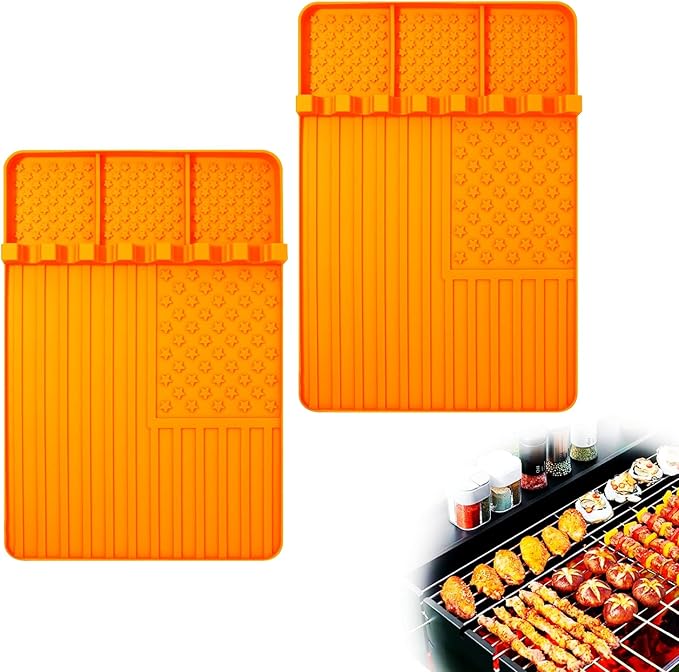 2 PCS Silicone Griddle Tools Mat for Blackstone,Grill BBQ Caddy Utensils Holder for Kitchen,Cooking & Countertop,Large Spatula Mat with Drip Pad,Griddle Accessories for Blackstone (Orange-2)