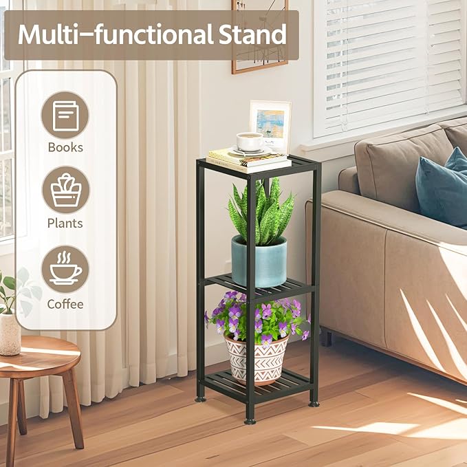 LASZOLA 3 Tier Black Metal Plant Stand Indoor Outdoor for Large Planter, Modern Heavy Duty Tall Rack for Corner House Bathroom Patio Floor, Iron Flower Shelf Holder for Orchid Fern