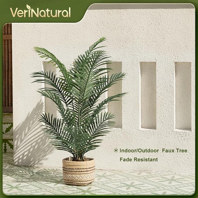 Artificial Palm Tree, 4FT Tall Fake Palm Trees with UV Resistant Leaves, Potted Faux Areca Palm Plant for Indoor Outdoor, Large Floor Plants for Home Living Room Porch Decor, 2Pcs - VN125