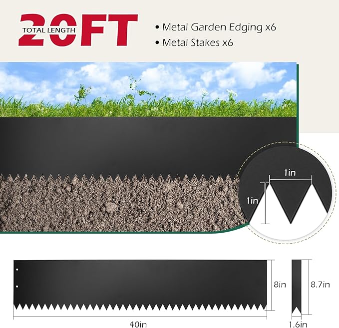 Dyna-Living 40 x 8 Inch Steel Landscape Edging 6 Pack Metal Edging for Landscaping Garden Edging Border, 20FT Total Landscape Edging Border Metal Landscape Edging with Clips for Lawn, Garden, Yard