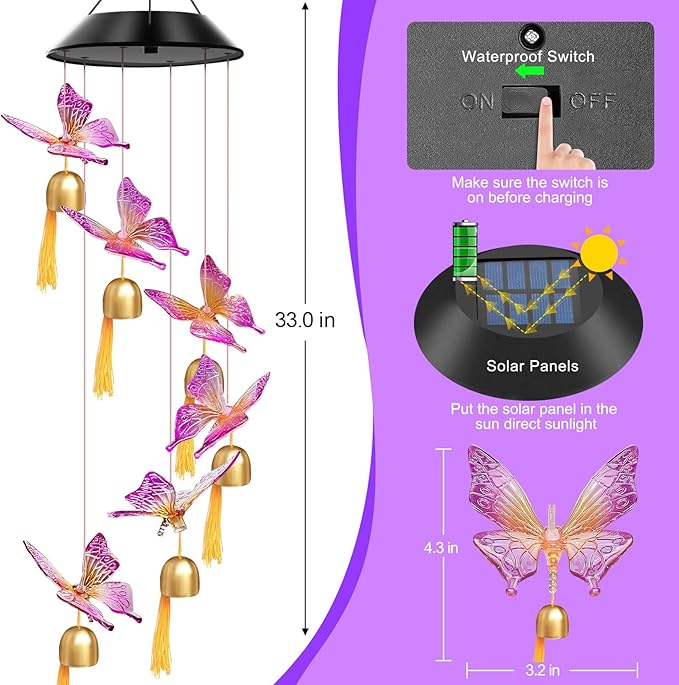 Solar Wind Chimes Outdoor Color Changing Lights, Gift for Women Mom Grandma Sister Best Gifts, Wind Chimes Unique Outdoor Garden Yard Decor (Purple Butterfly Bell)