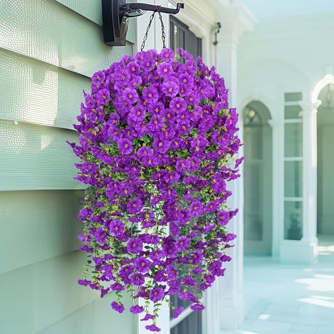 4PCS Artificial Hanging Flowers for Outdoor Decor UV Resistant Fake Morning Glory Realistic Silk Spring Summer Hanging Plants for Porch Patio Balcony Yard (Purple)