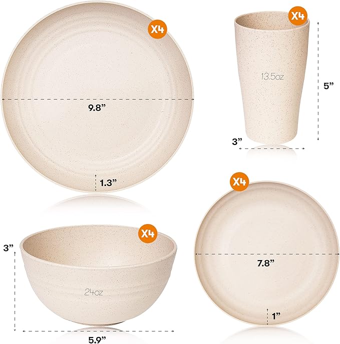 Wheat Straw Dinnerware Sets | Unbreakable Dinnerware Sets | Dishwasher Microwave Safe Dinnerware | Eco Friendly Non Breakable Dinnerware Sets | RV Outdoor Camping (Beige, Service for 4 (16 pcs))