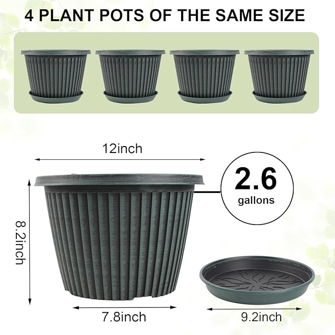 Large-Planter-Indoor-Outdoor Plant Pots, 12 inch 4 Pack Plastic Flower Pots with Saucer and Drainage Holes, Modern Garden Planters for Planting Medium Large Plants， Decorative Resin Garden Pots