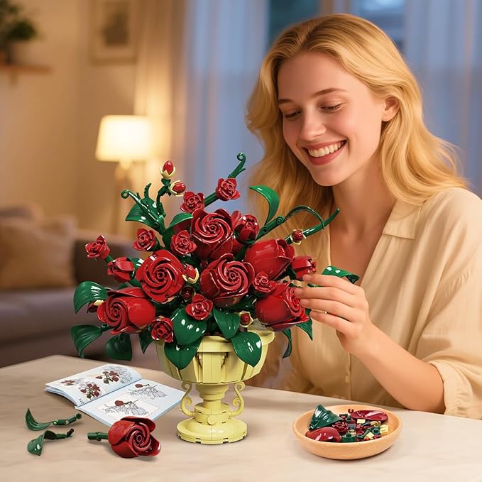 Rose Flower Building Set, 969 PCS Botanicals Flowers Bouquet Building Block Kit with Pot, Artificial Bonsai Plant Collection Office Home Decor, Birthday Gift for Adults Women Boys Girls 12+