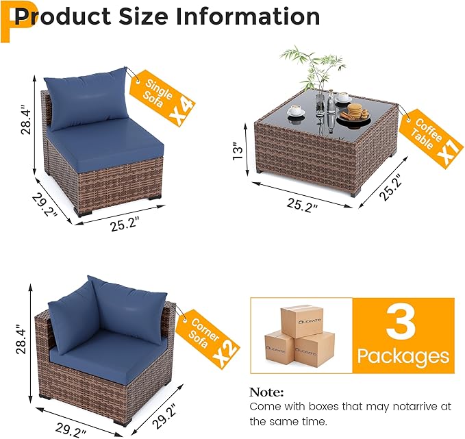 UDPATIO Patio Furniture Set, 7 Piece Outdoor Sectional Sofas with Wicker Coffee Table, Outdoor Patio Conversation Set for Garden, Backyard Navy Blue