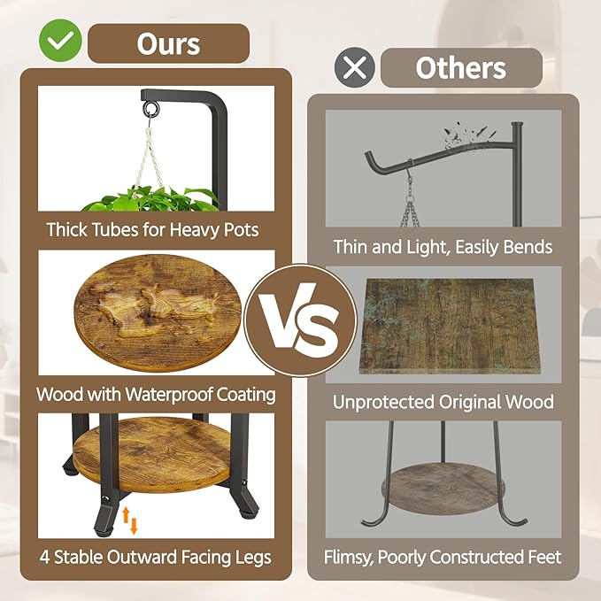 LASZOLA Black 2 Tier 61.5 Inch Tall Plant Stand Indoor with Hanging Ring, Large Heavy Duty Metal Vertical Corner Rack for Multiple Planter, Sturdy Rustic Flower Shelf Holder Organizer for House Patio