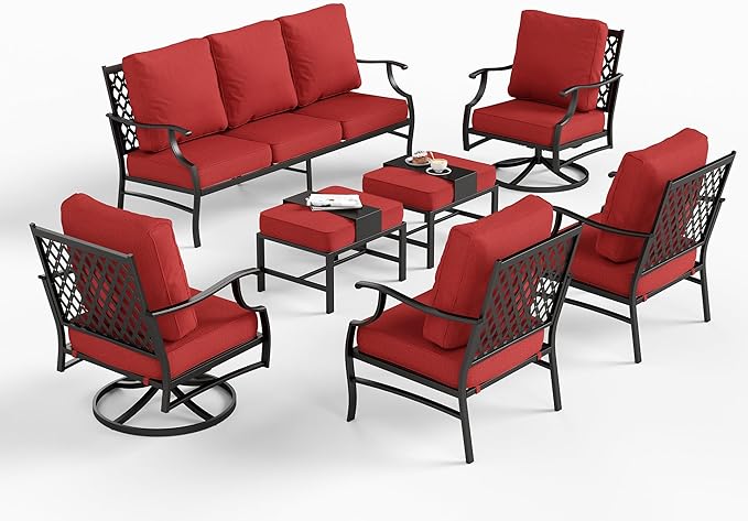 7 Piece Metal Outdoor Patio Furniture Set, Patio Conversation Sets 1 3-Seater Sofa, 2 Fixed Chairs, 2 Swivel Chairs, 2 Ottomans with 5.75" Thick Cushion, Black Backyard Furniture, Red
