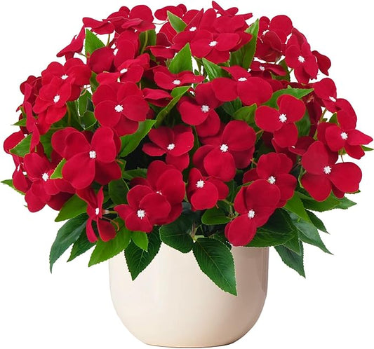 4 Pcs Artificial Flowers Impatiens Bouquet for Outdoors Silk Flowers UV Resistant Faux Impatiens Red Faux Plants for Outside Pot Patio Garden Hanging Basket Porch Decor