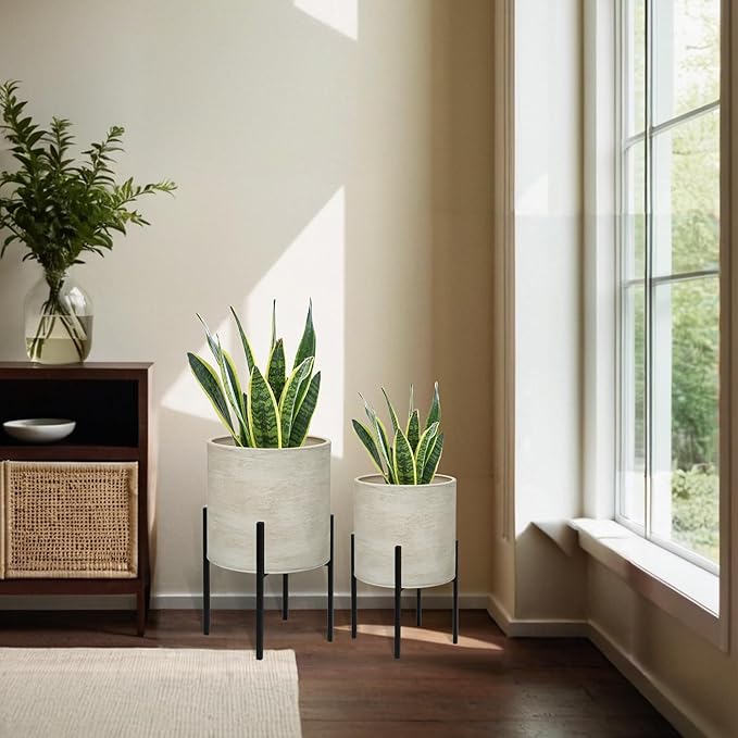 ARNIS Modern Plant Pots, Large Planters with Stand, Set of 2 Decorative Planters, Metal Pots with Drainage Holes for Living Room, Office, Garden or Balcony, 10.5 &12.55 Inch, Dirt