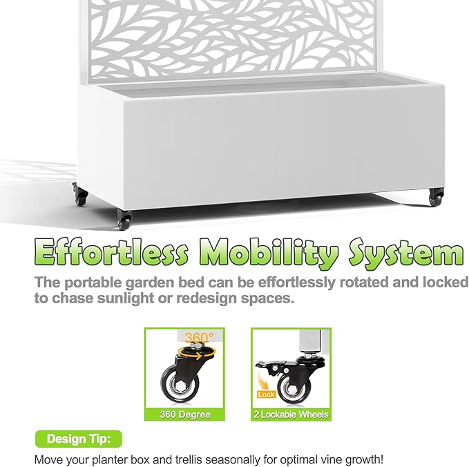 15.7"×70.9"×35.4" Metal Raised Garden Bed with Trellis and Wheels - Tall Trellis Planter Box for Climbing Plants, Vegetables & Vines - Outdoor Privacy Planters for Patio (White-Spring)