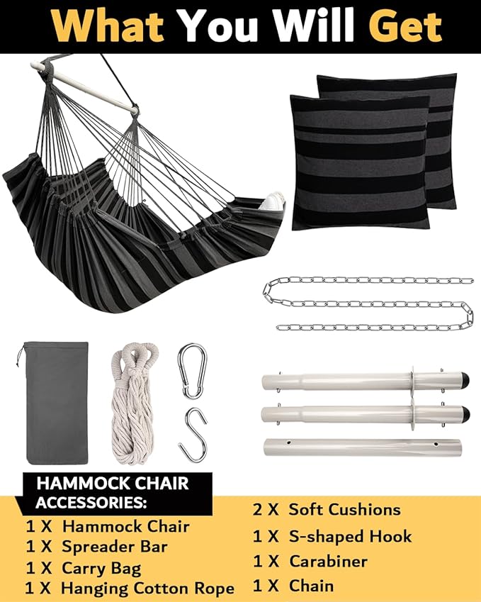 Miztli Hammock Chair Hanging Chair Swing for Bedroom with Foot Rest, Max 500 Lbs, Steel Spreader Bar with Anti-Slip Rings-2 Cushions Included-Indoor and Outdoor