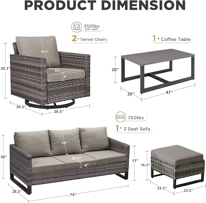 6 Pieces Patio Furniture Set-All Weather Outdoor Swivel Rocker Patio Chairs with 3-Seat Section Couch and Rattan Coffee Table Outdoor Conversation Sets for Garden Backyard Deck(Grey/Grey)