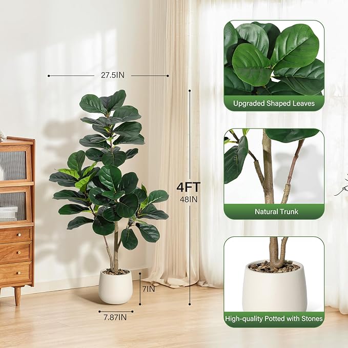 4FT Fiddle Leaf Fig Tree Artificial with 48 Leaves - Realistic Faux Ficus Lyrata Trees in 7.8" White Planter Pot, Indoor Fake Floor Plants for Home Office Living Room Decor, Housewarming Gift