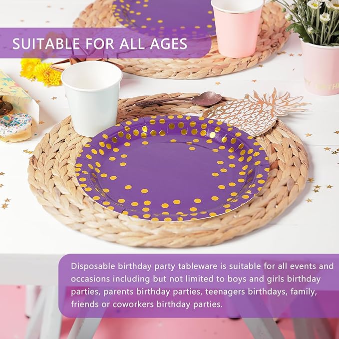 75PCS Paper Plates and Napkins Set - Purple and Gold Dot Disposable Party Dinnerware Includes Paper Plates, Napkins, Forks Decorations for Birthdays, Graduations, Weddings and Holidays, Serves 25