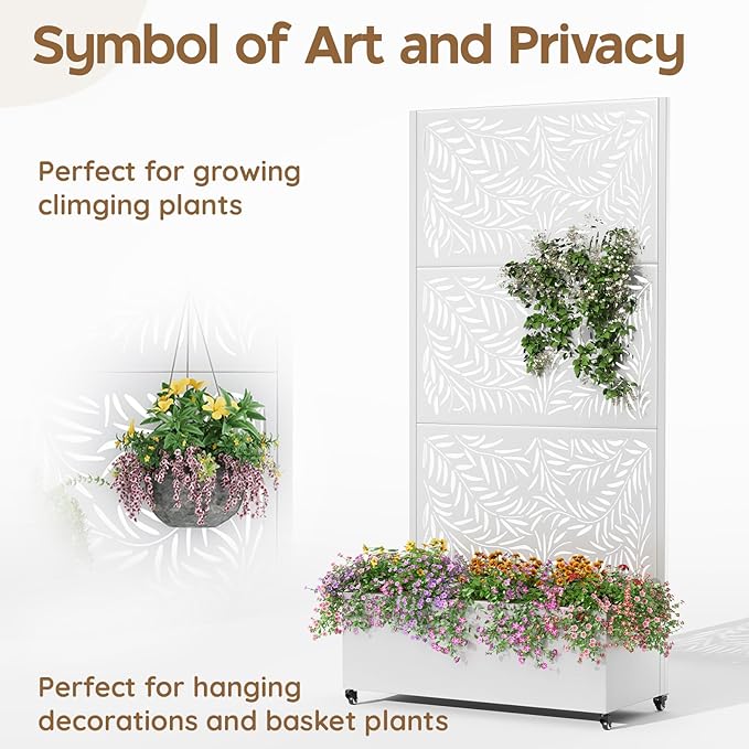 Metal Raised Garden Bed with Trellis & Wheels,70" x 35"x 15.7" Planter Box with Trellis,Privacy Planters for Patio,Garden Bed for Climbing Plants,Suitable for Climbing Plants and Vegetables,White