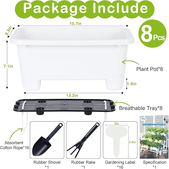 Self-Watering Rectangle Planter Boxes 8-Pack, 15.7-Inch Window Box Planter with Drainage Holes & Trays, Pots for Vegetables, Herbs, Flowers, Garden Windowsill Balcony (White, 15.7*8.3*7.1 inch)