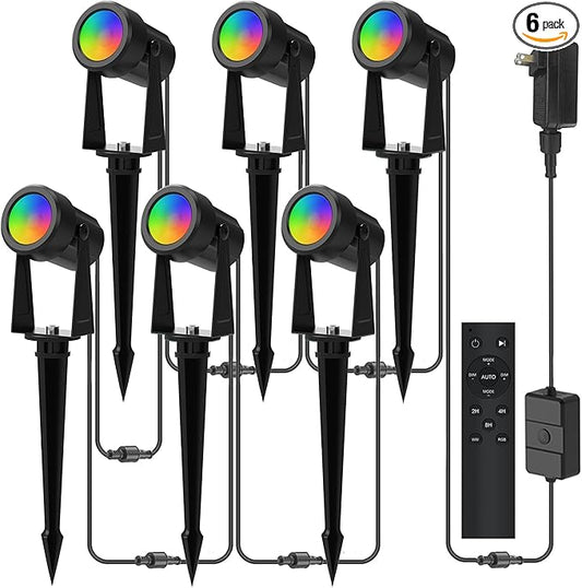 Banord RGBW Color Changing Outdoor Landscape Lighting, 6 Pack Low Voltage LED Outdoor Spotlight with Remote, IP65 Waterproof for Yard, Garden, Lawn